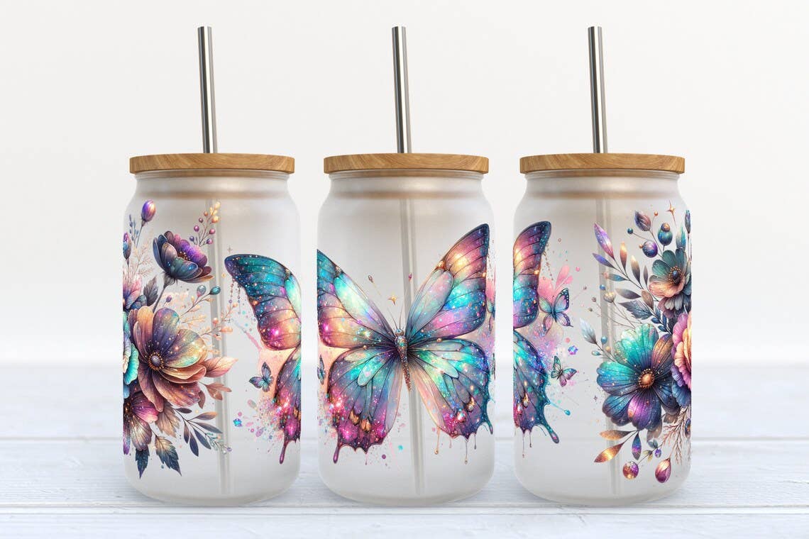 Magical Colorful Butterfly and Florals 16oz Libbey Glass Frosted Tumbler
