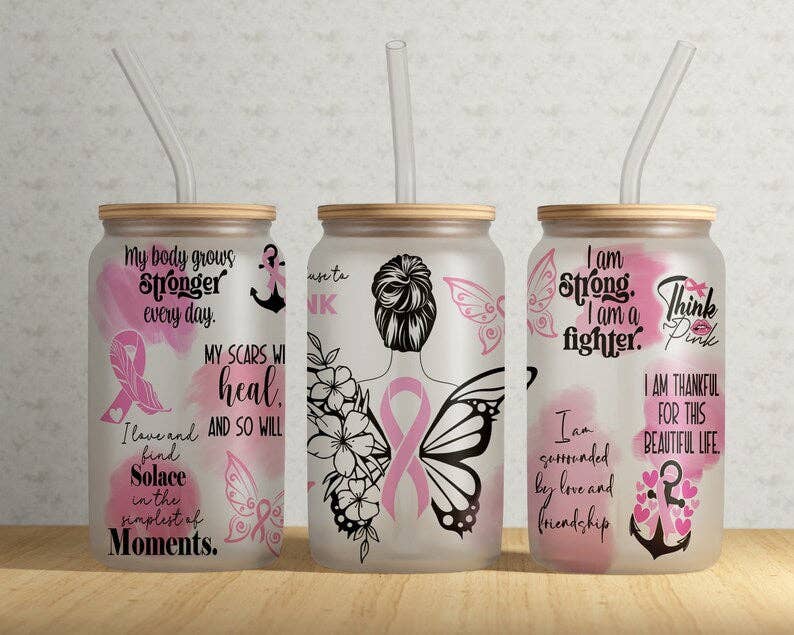 Breast Cancer Awareness Ribbon Butterfly 16oz Frosted Libbey Glass Tumbler