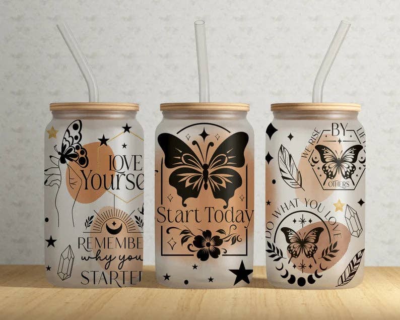 Start Today Butterfly Celestial 16oz Frosted Libbey Glass Tumbler