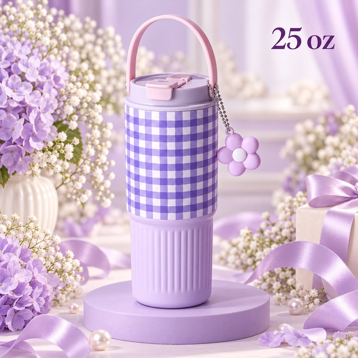 Lavender Gingham 25 oz Tumbler 💜🌼