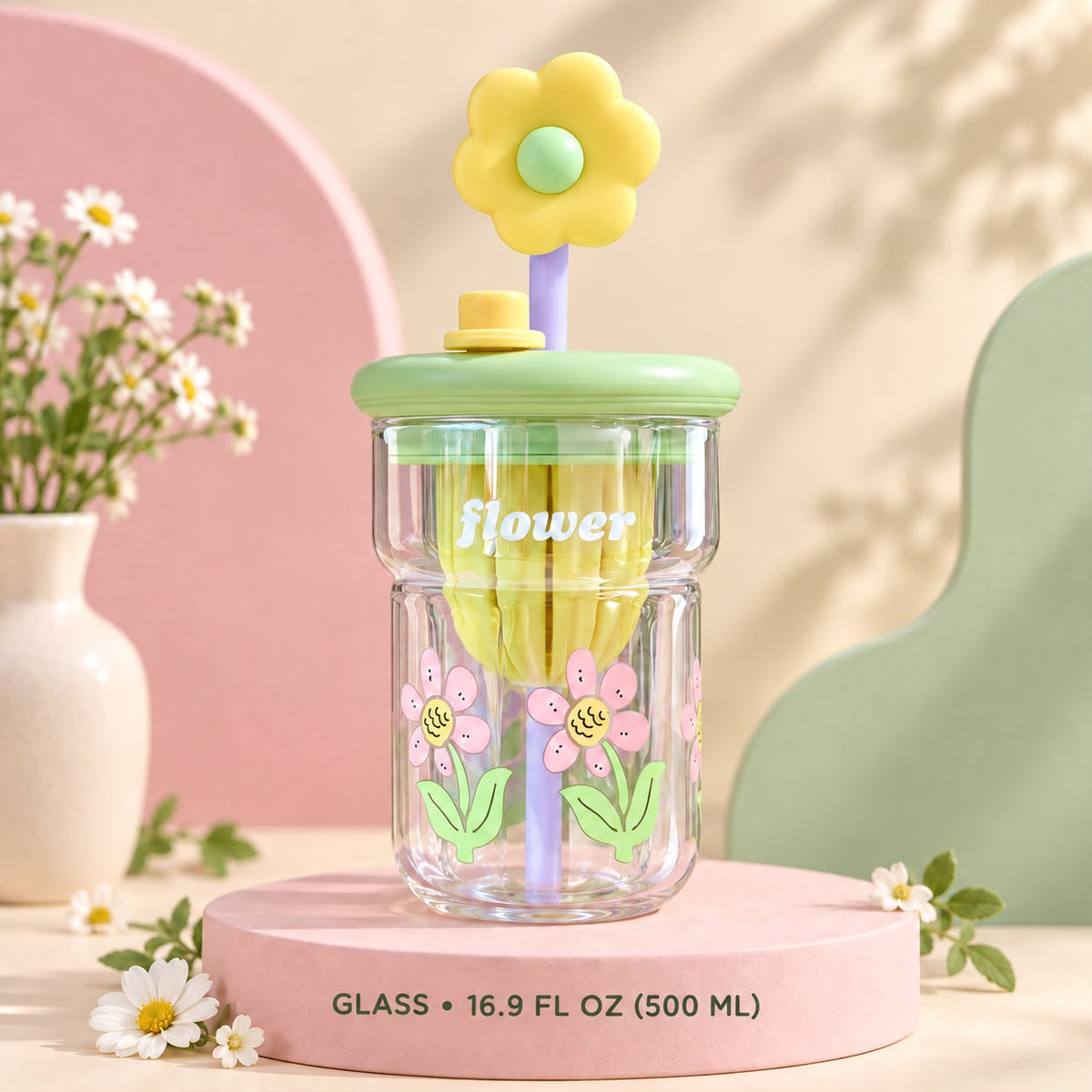 Glass Tumbler with Yellow Flower Straw – 16.9 oz 🌼💛