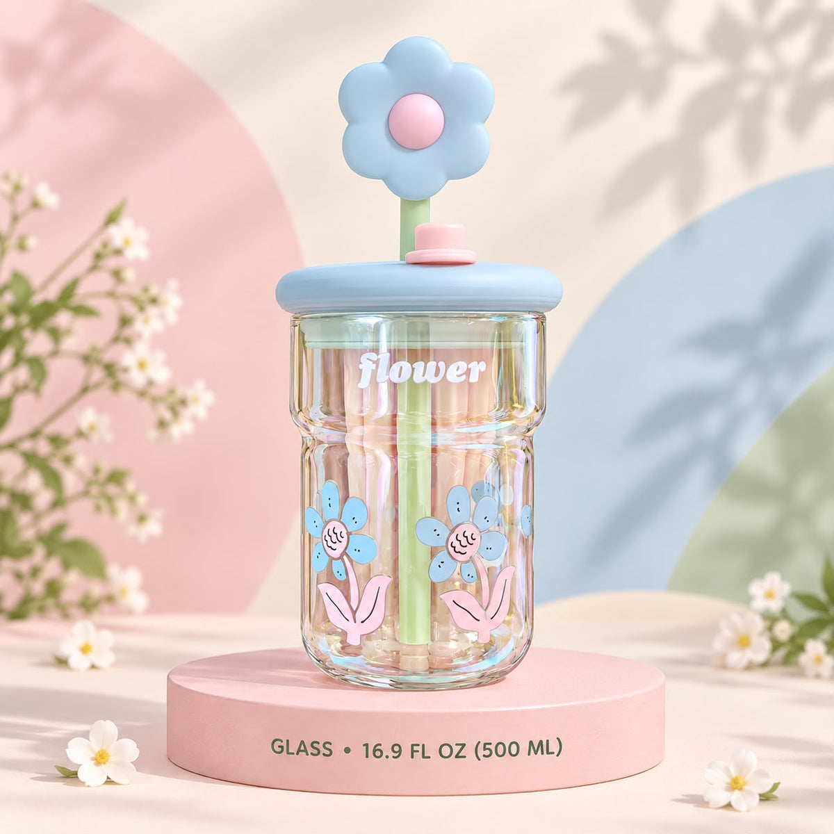Glass Tumbler with Blue Flower Straw – 16.9 oz 🌼💛