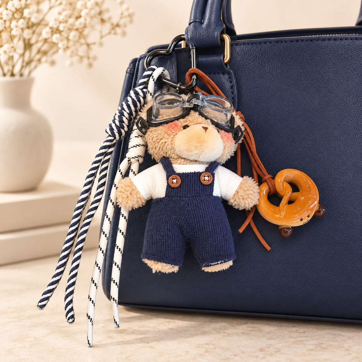 Navy Pretzel Teddy Bag Charm 🧸🥨💙
