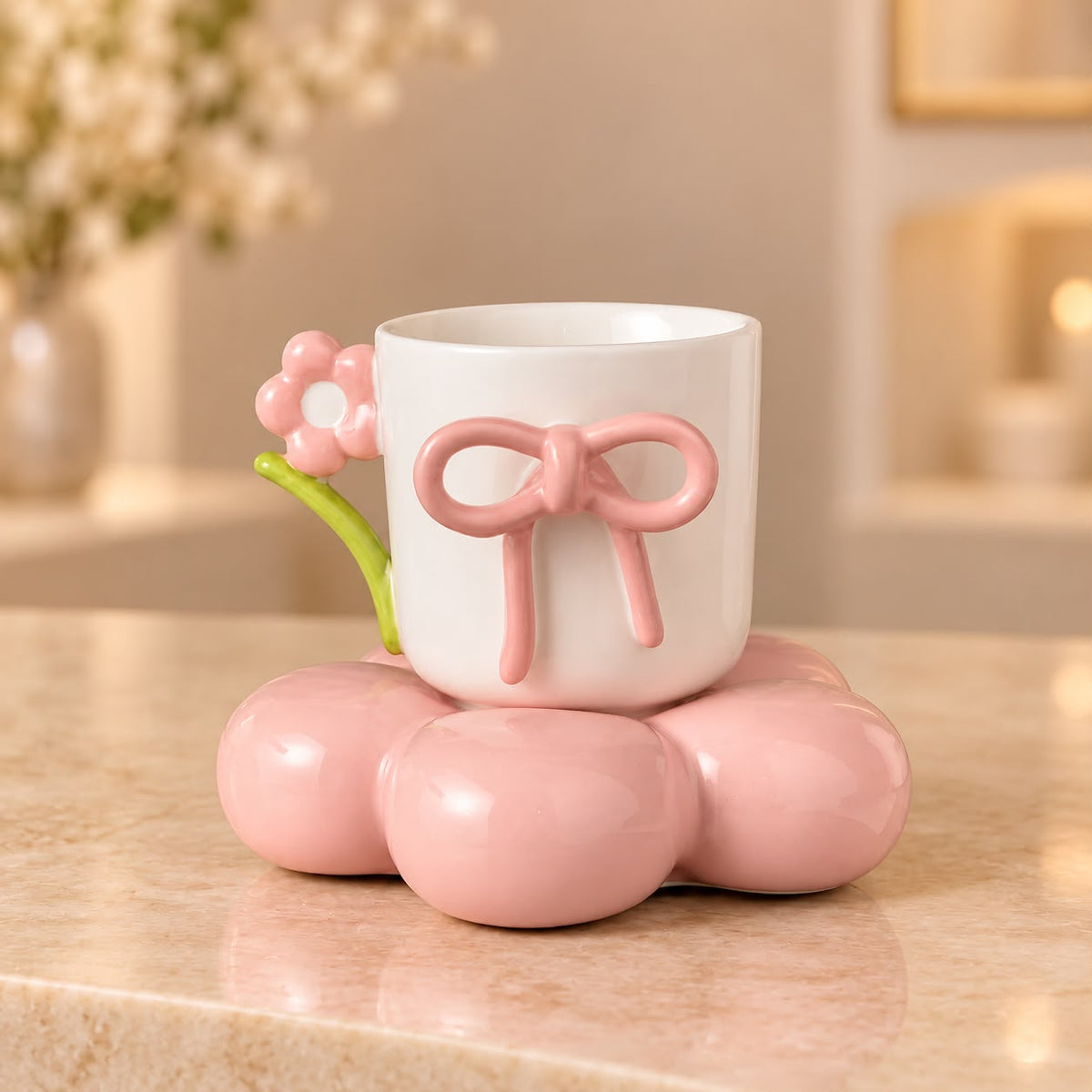 🎀 Pink Bow & Flower Cup with Bubble Saucer