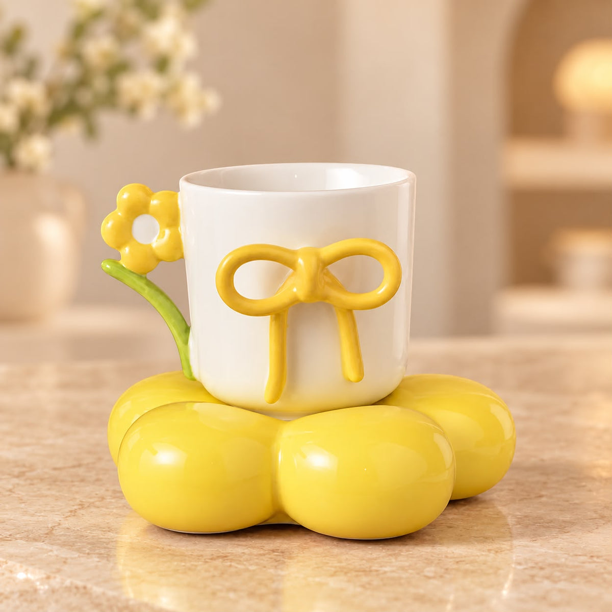 🌼 Yellow Bow & Flower Cup with Bubble Saucer