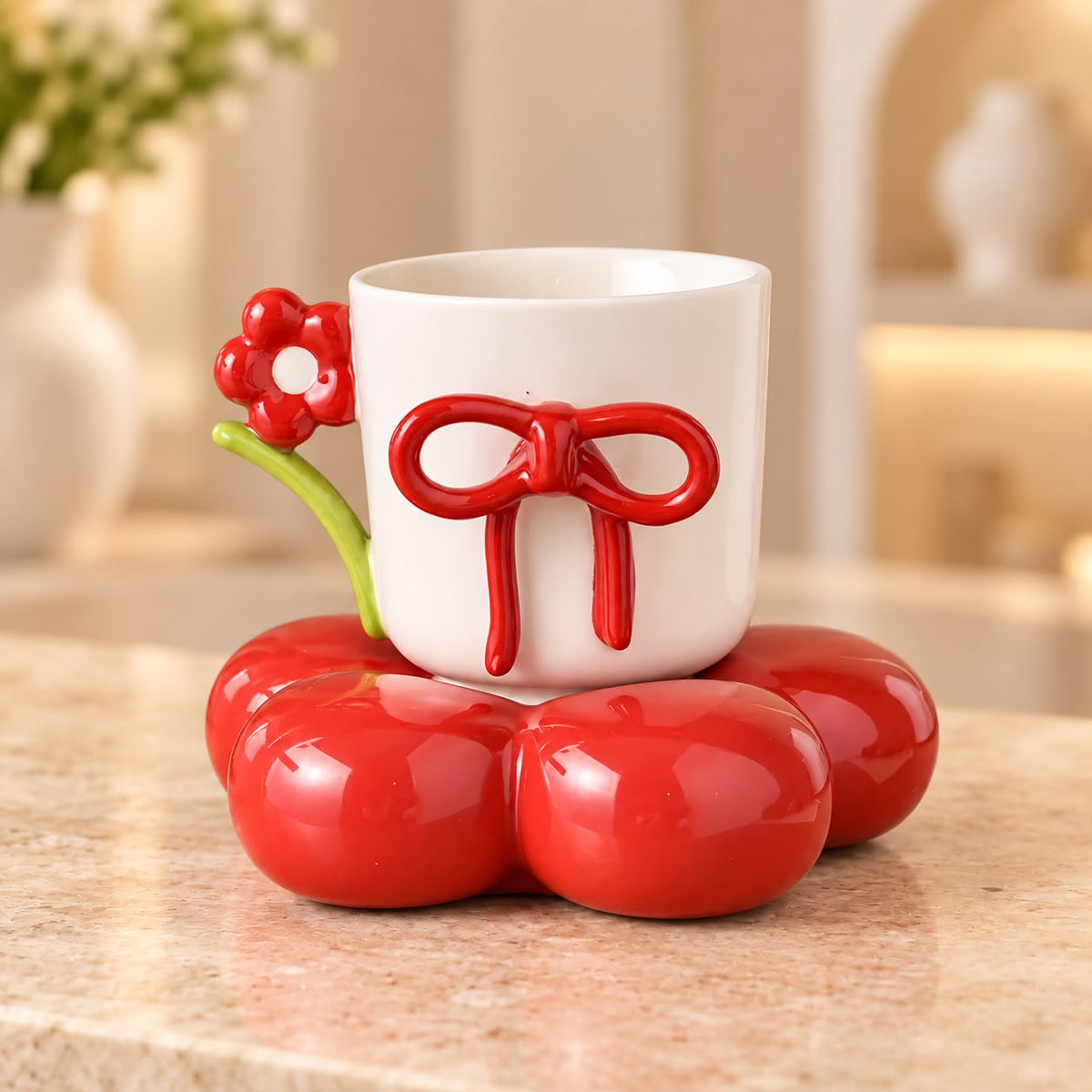 ❤️ Red Bow & Flower Cup with Bubble Saucer
