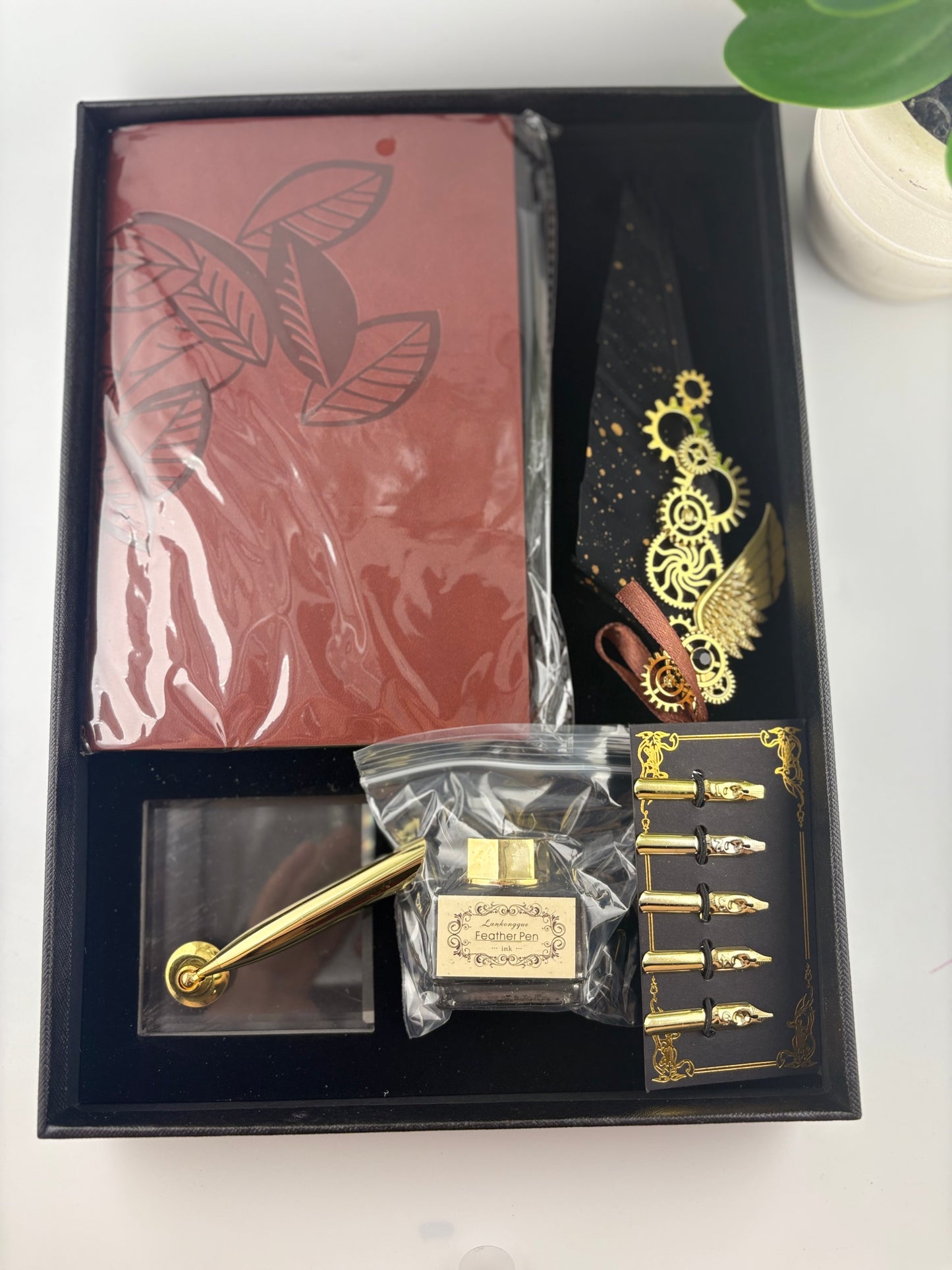 Vintage Feather Quill Writing Set – Luxury Calligraphy Pen with Ink, 5 Nibs & Leather Journal Gift Box