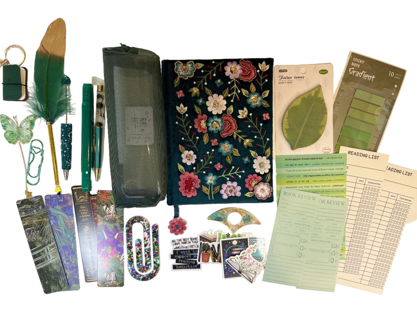 Emerald Green Bookish Bundle – Floral Journal & Feather Pen Gift Set