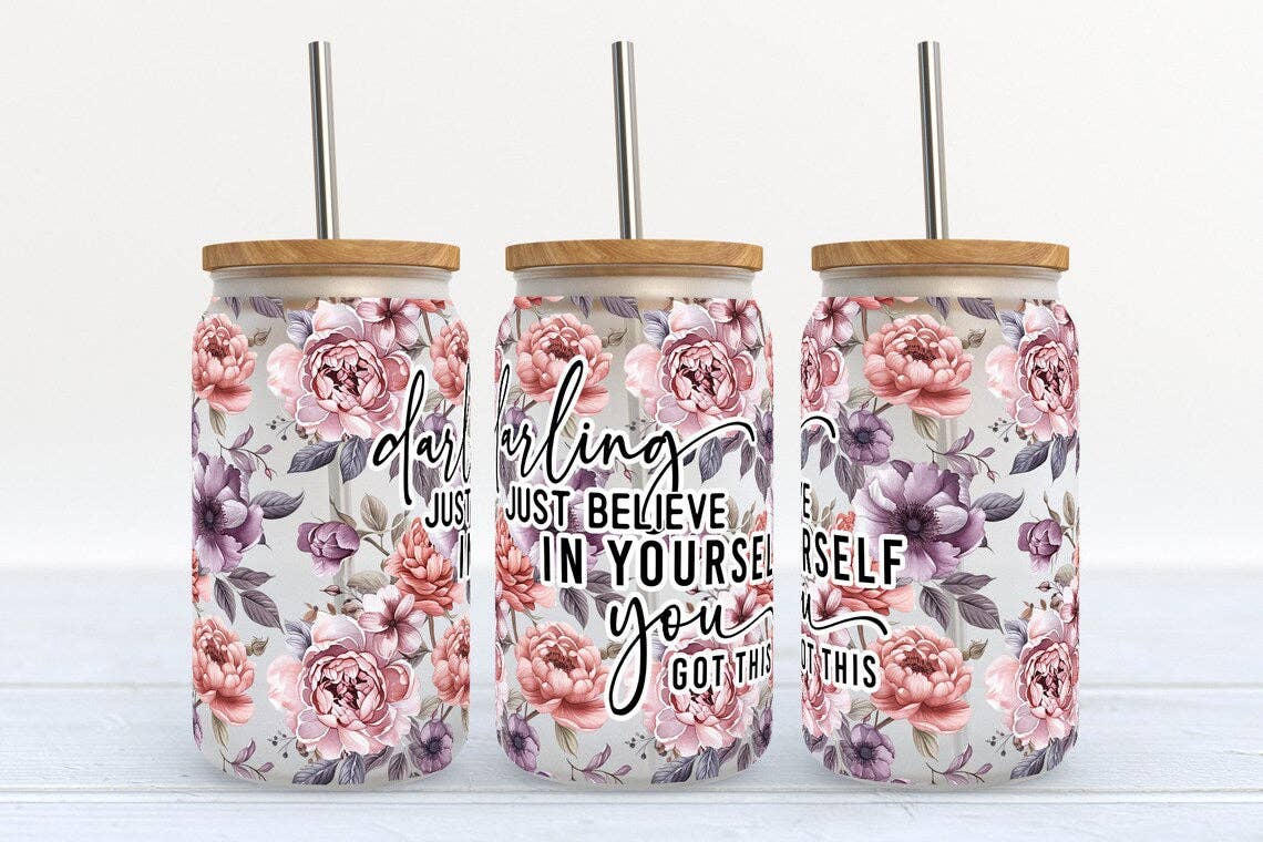 Darling Just Believe in Yourself You Got This Purple Florals 16oz Libbey Glass Frosted Tumbler