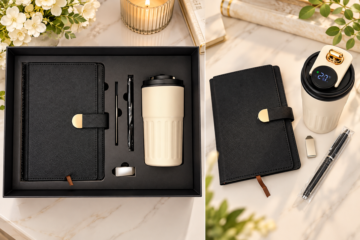 Personalized Business Gift Set – Custom Engraved Notebook, Temperature Display Tumbler & Pen