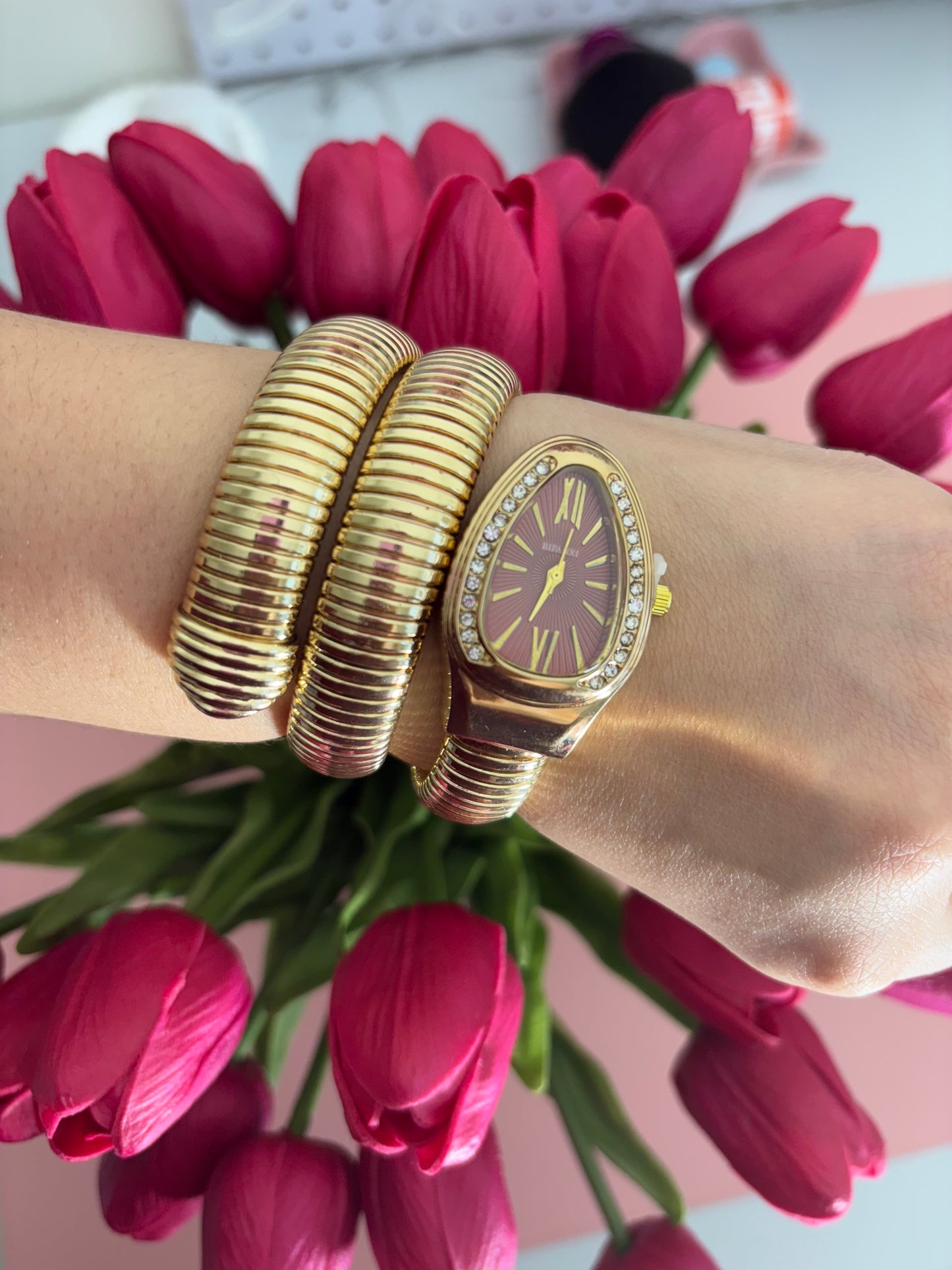 Luxury Gold Wrap Watch Bracelet – Burgundy Dial