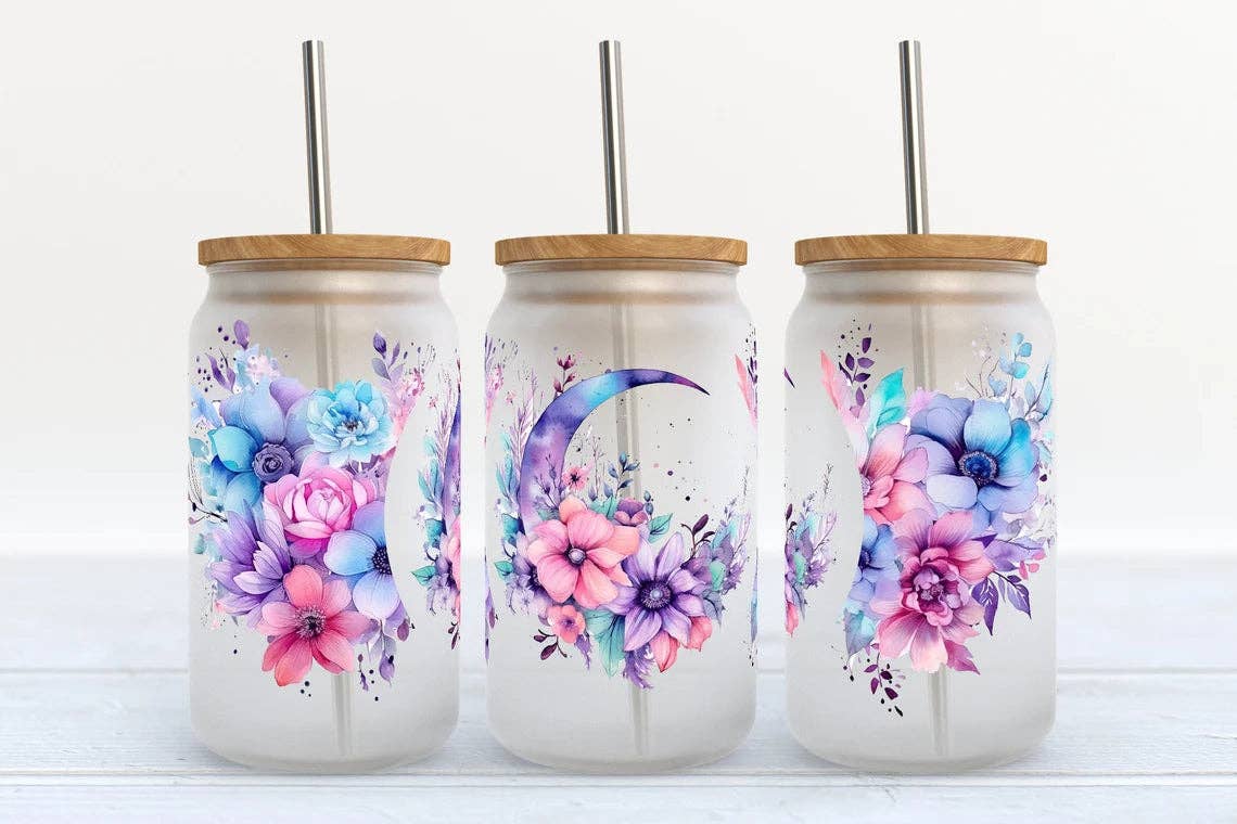 Purple Moon & Florals 16oz Libbey Glass Frosted Tumbler