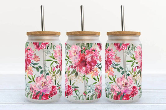 Pink Florals 16oz Libbey Glass Frosted Tumbler