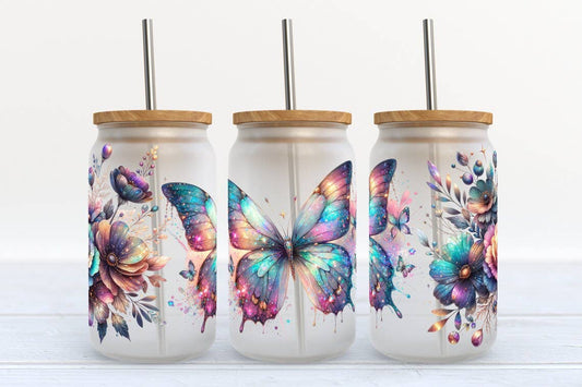 Magical Colorful Butterfly and Florals 16oz Libbey Glass Frosted Tumbler