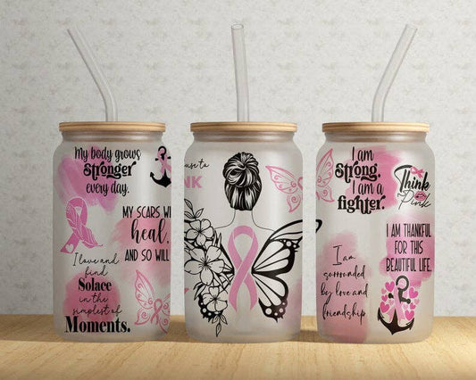 Breast Cancer Awareness Ribbon Butterfly 16oz Frosted Libbey Glass Tumbler