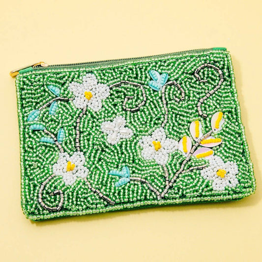 Green Floral Seed Beaded Coin Purse