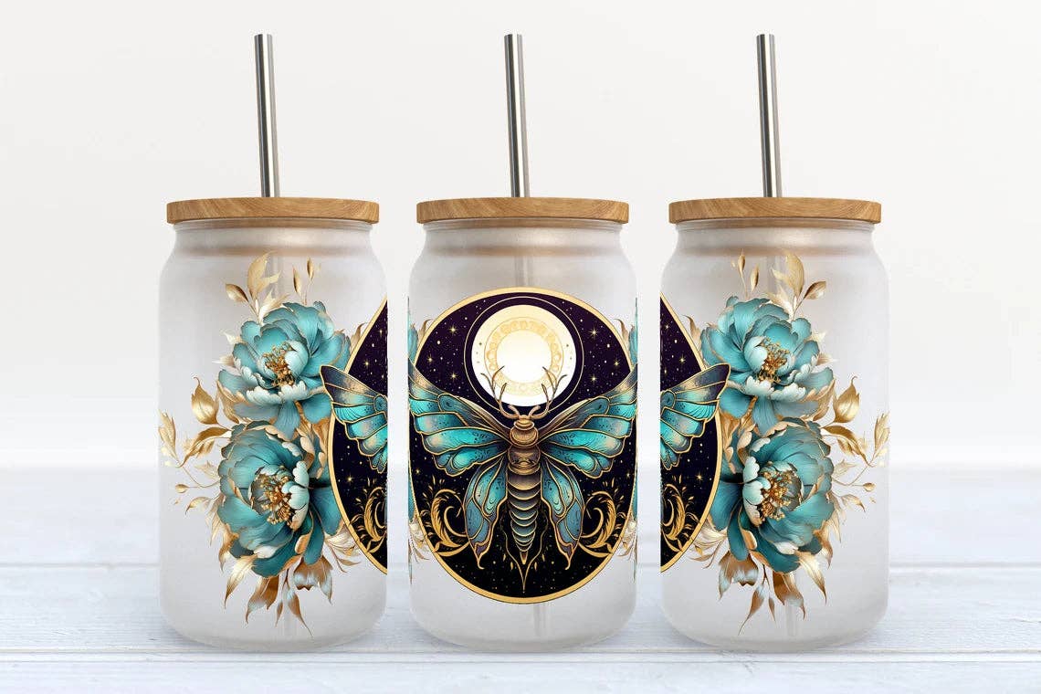 Moth with Blue Florals 16oz Libbey Glass Frosted Tumbler
