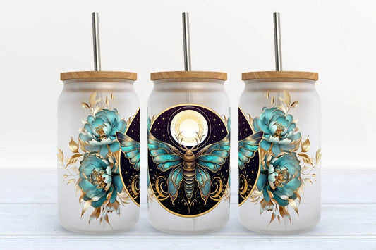 Moth with Blue Florals 16oz Libbey Glass Frosted Tumbler