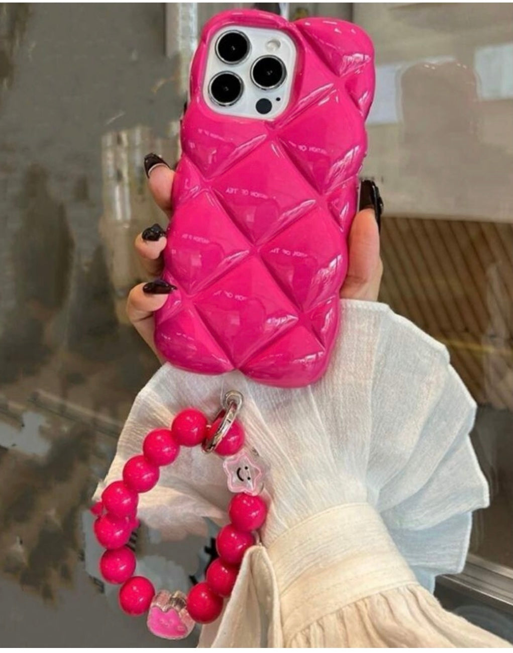 iPhone 16 Pro Max Hot Pink Quilted Case with Beaded Wrist Strap