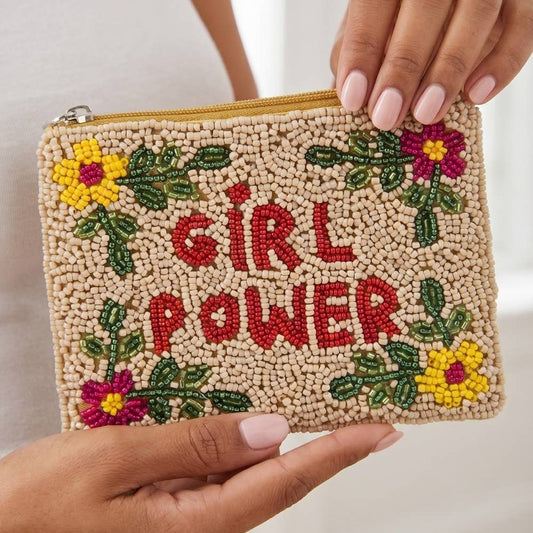Floral Border Girl Power Seed Beaded Coin Purse