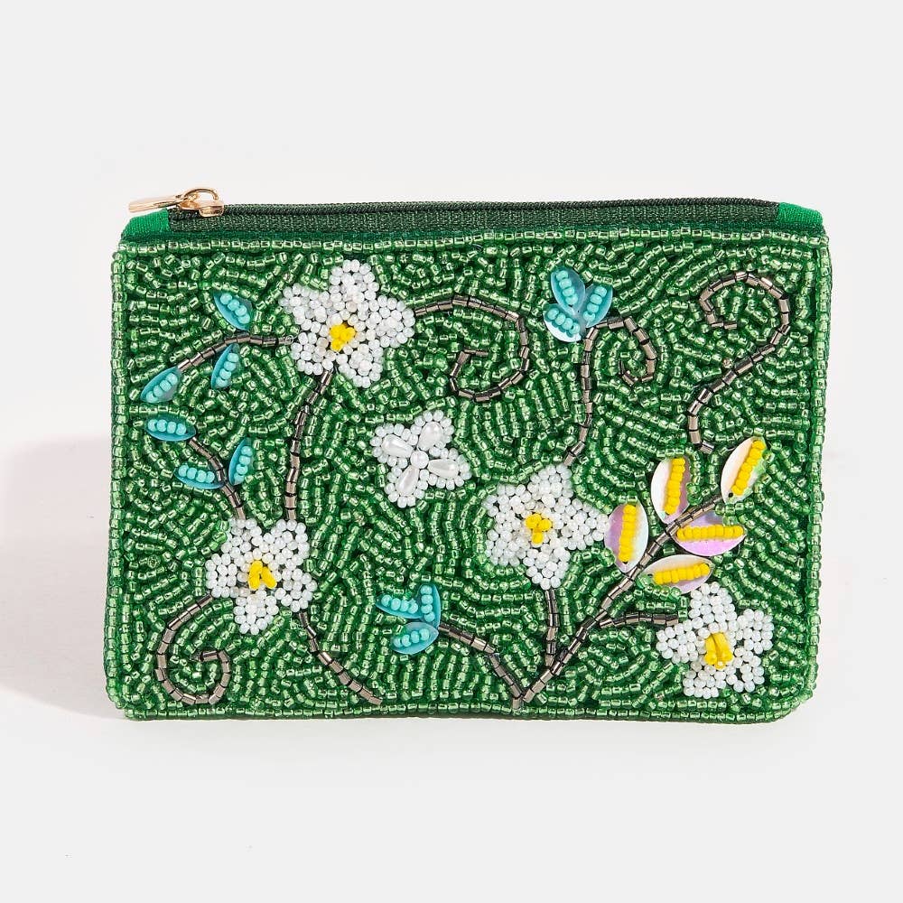 Green Floral Seed Beaded Coin Purse
