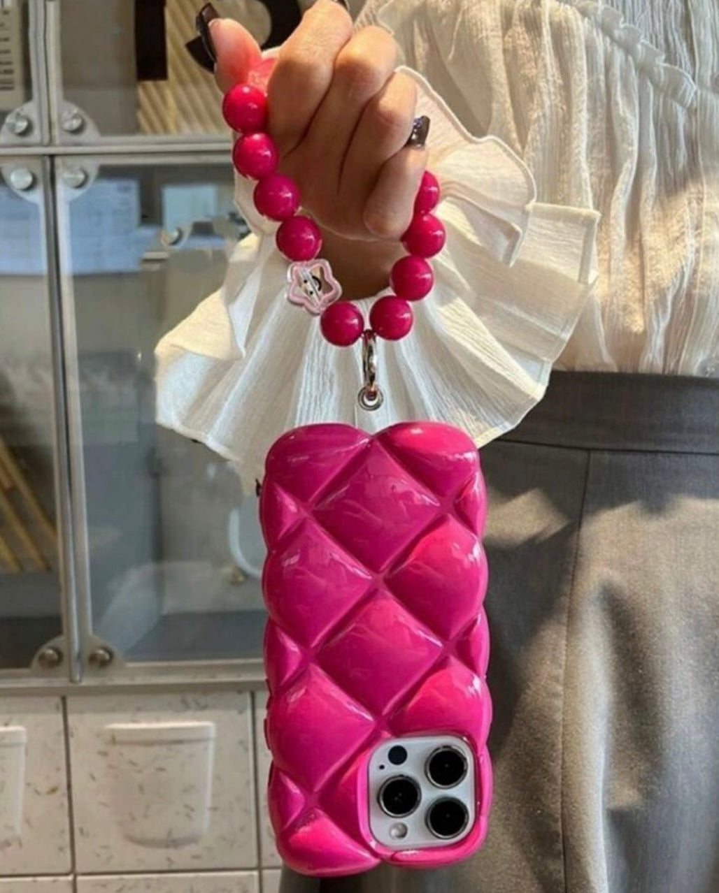 iPhone 16 Pro Max Hot Pink Quilted Case with Beaded Wrist Strap