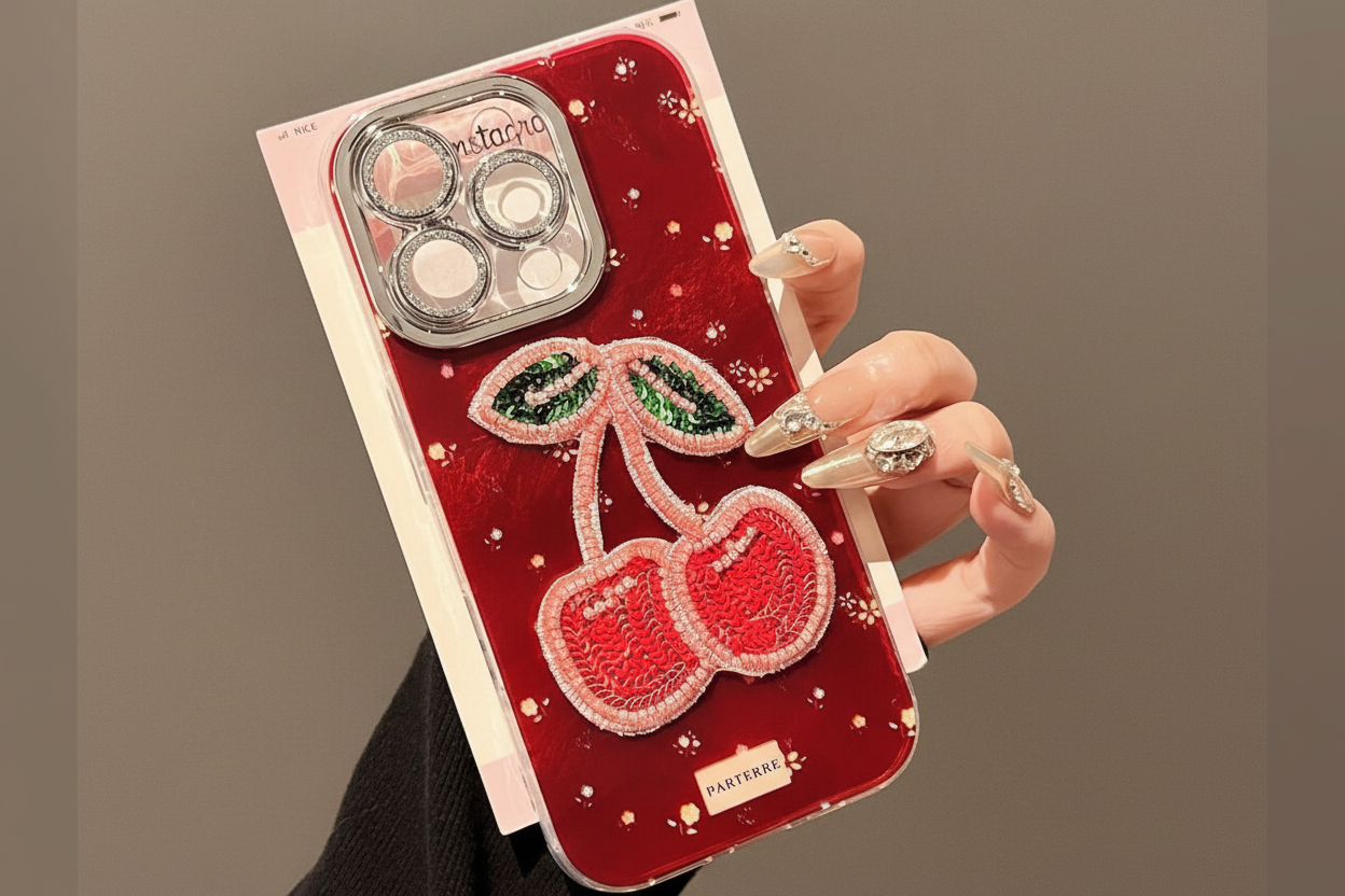 iPhone 16 Pro Max Cherry Beaded Case