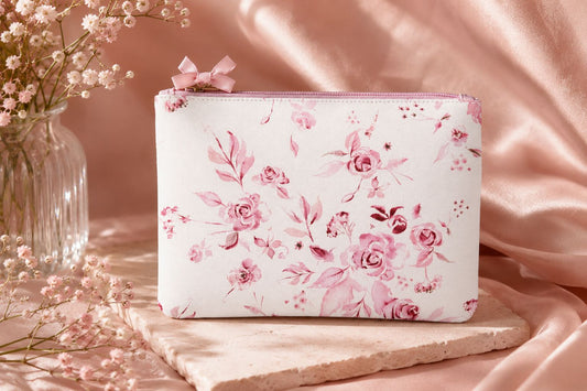 Rosewater Dreams Floral Pouch | Pink Rose Zipper Pencil Case & Cosmetic Bag