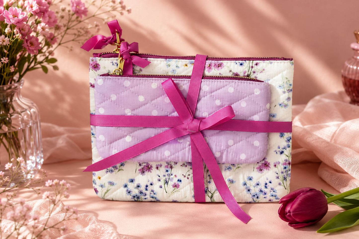 Lavender Daydream Pouch Set | Quilted Floral Cosmetic Bag Duo