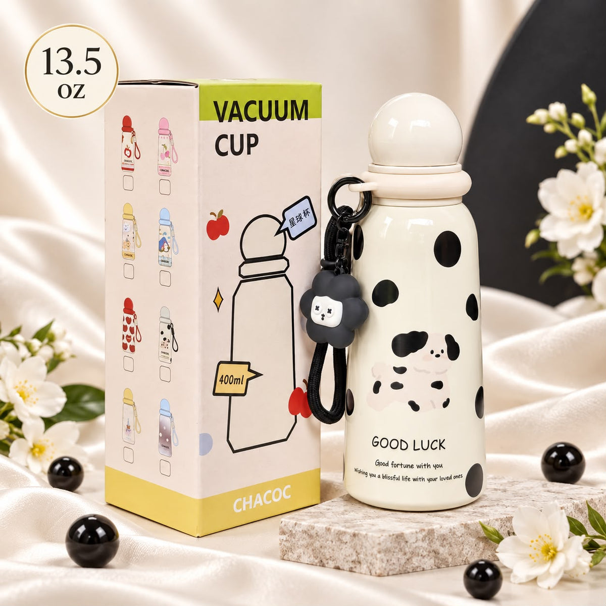 Black & White Puppy 13.5 oz Vacuum Thermos Bottle 🖤🐶