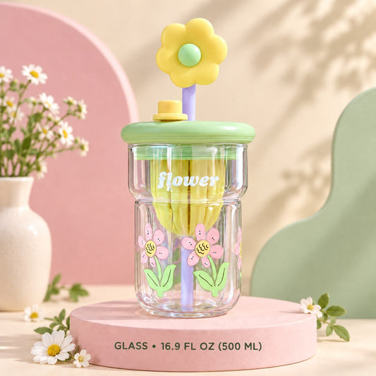 Glass Tumbler with Yellow Flower Straw – 16.9 oz 🌼💛