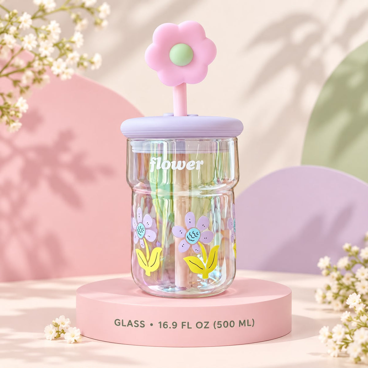 Glass Tumbler with Pink Flower Straw – 16.9 oz 🌼💛