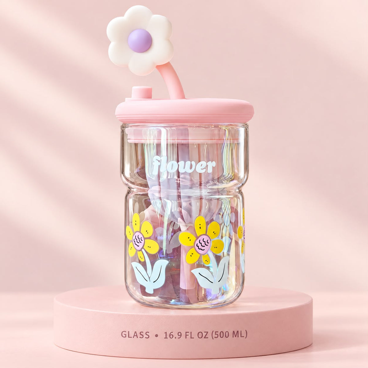Glass Tumbler with White Flower Straw – 16.9 oz 🌼💛