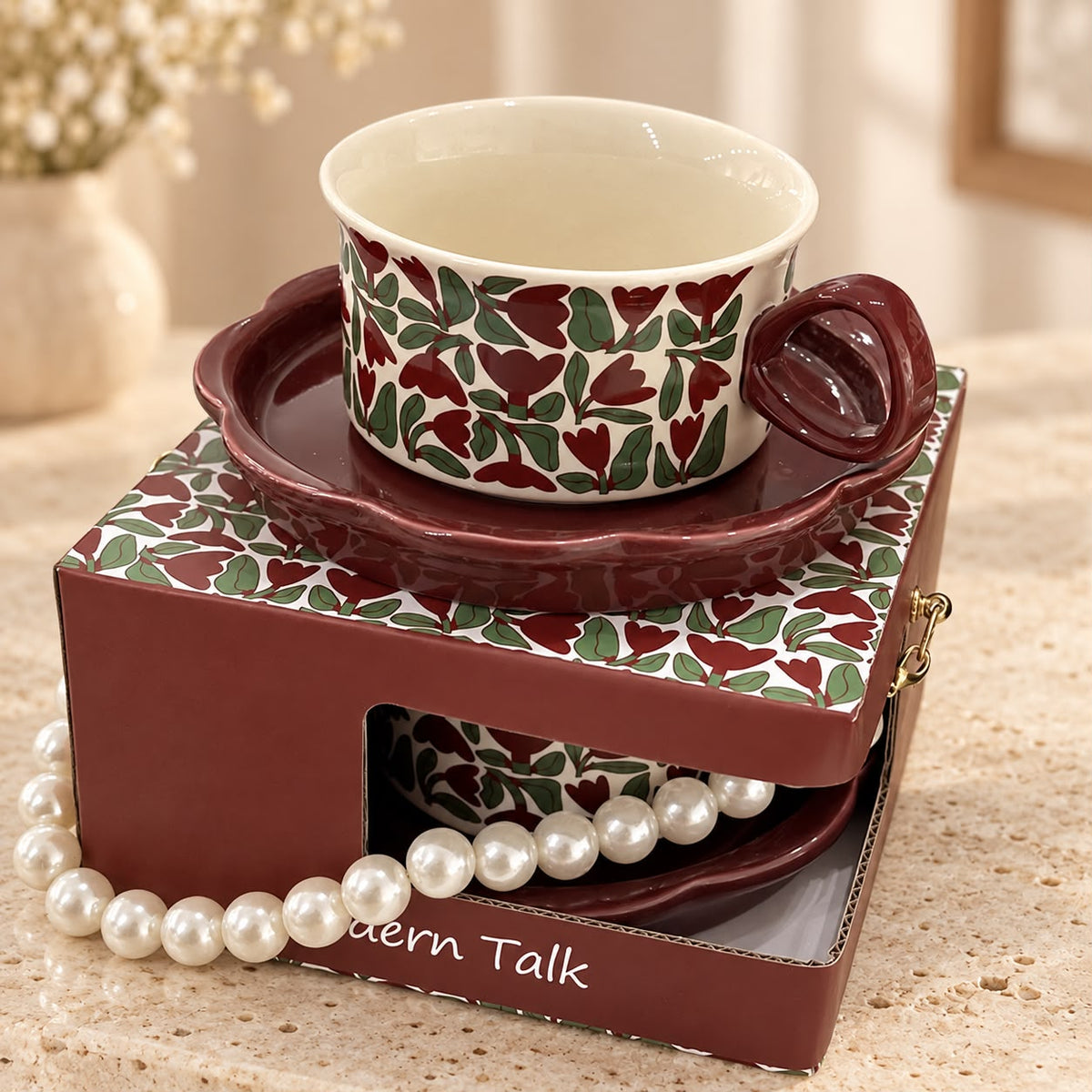 Burgundy Floral Tea Cup & Saucer Gift Set 🌹☕