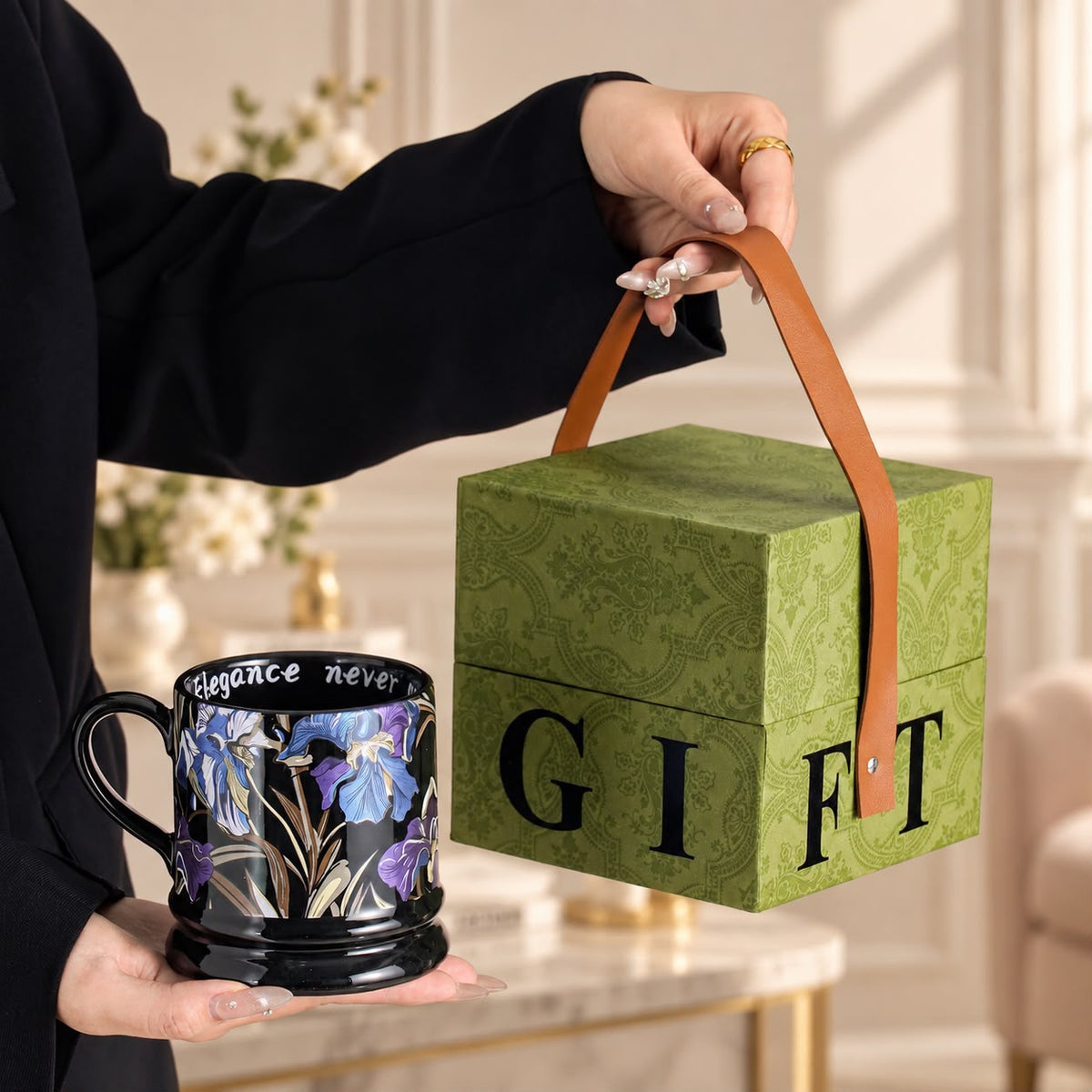 Luxury Black Iris Floral Mug – Gift Box Included 🖤💜