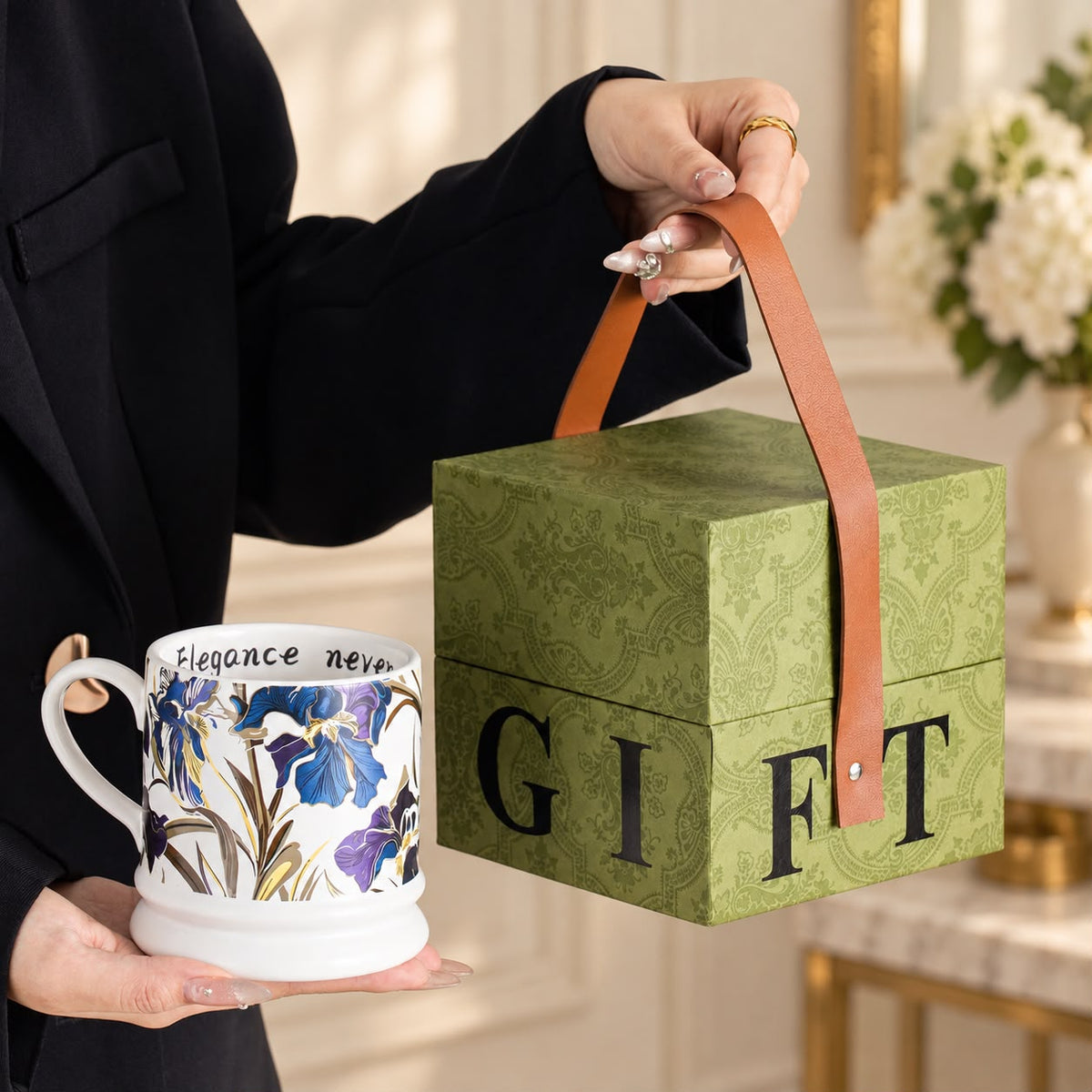 Luxury White Iris Floral Mug – Gift Box Included 🖤💜