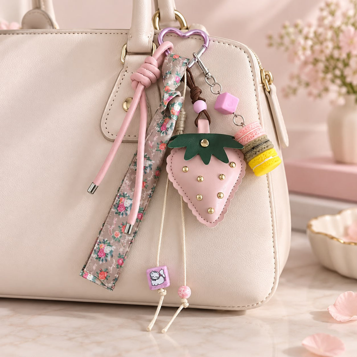 Pink Strawberry Macaron Bag Charm 🍓🎀