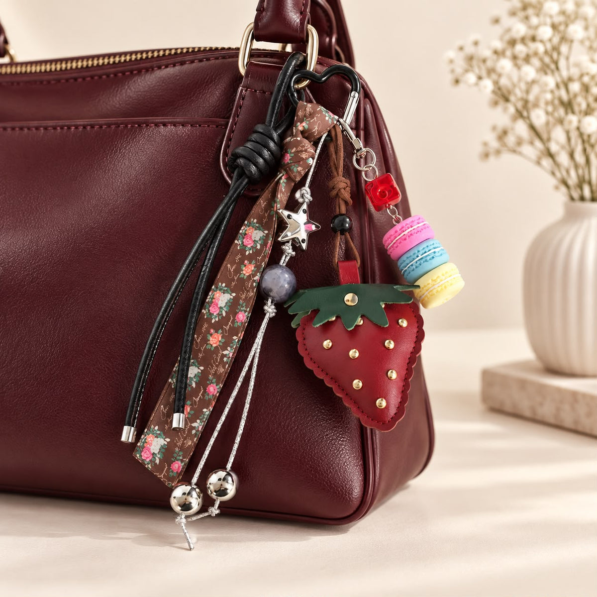 Burgundy Strawberry Macaron Bag Charm 🍓🍰🤎