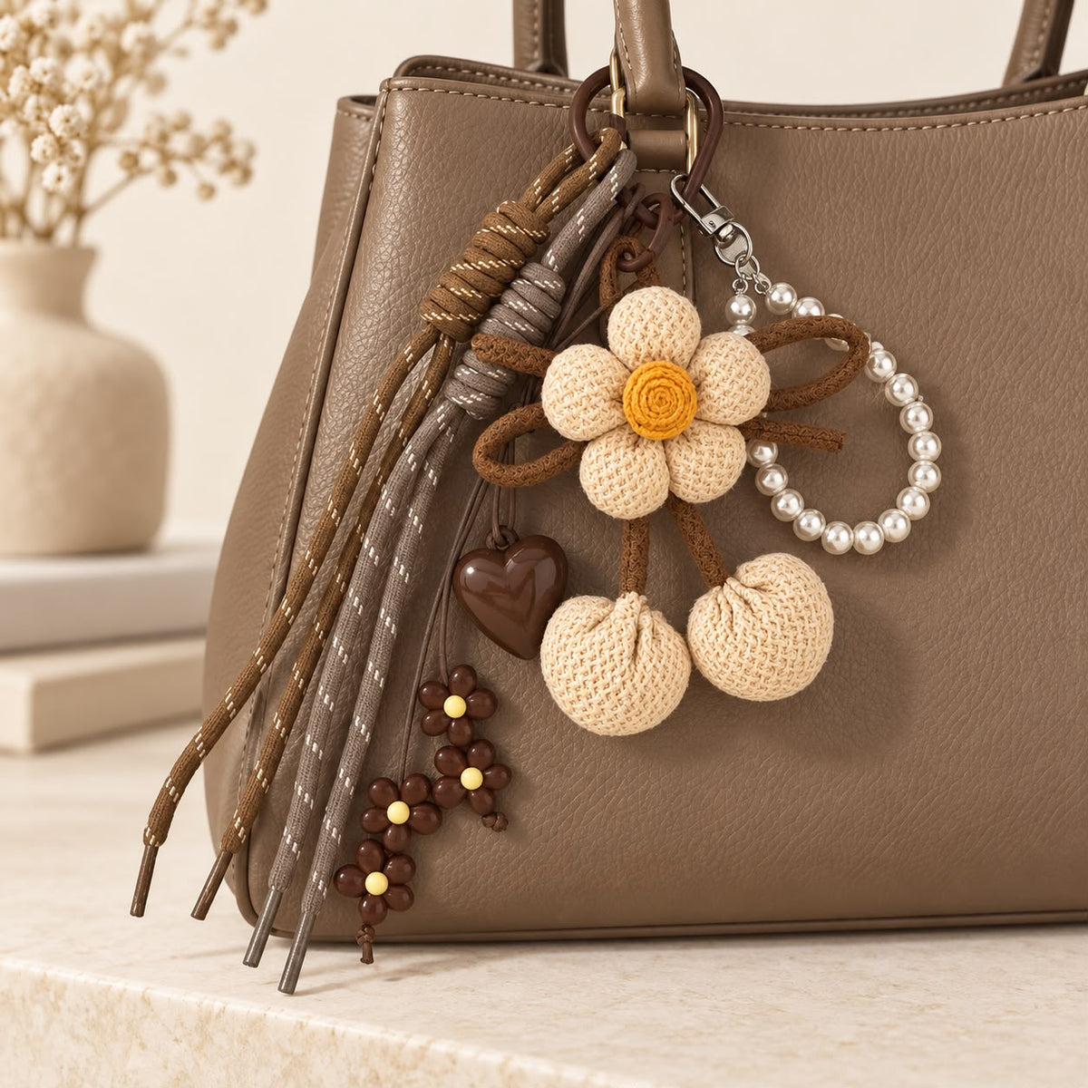 Mocha Daisy Pearl Bag Charm 🌼🤎
