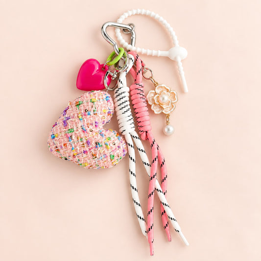 Pink Tweed Heart Bag Charm 💕