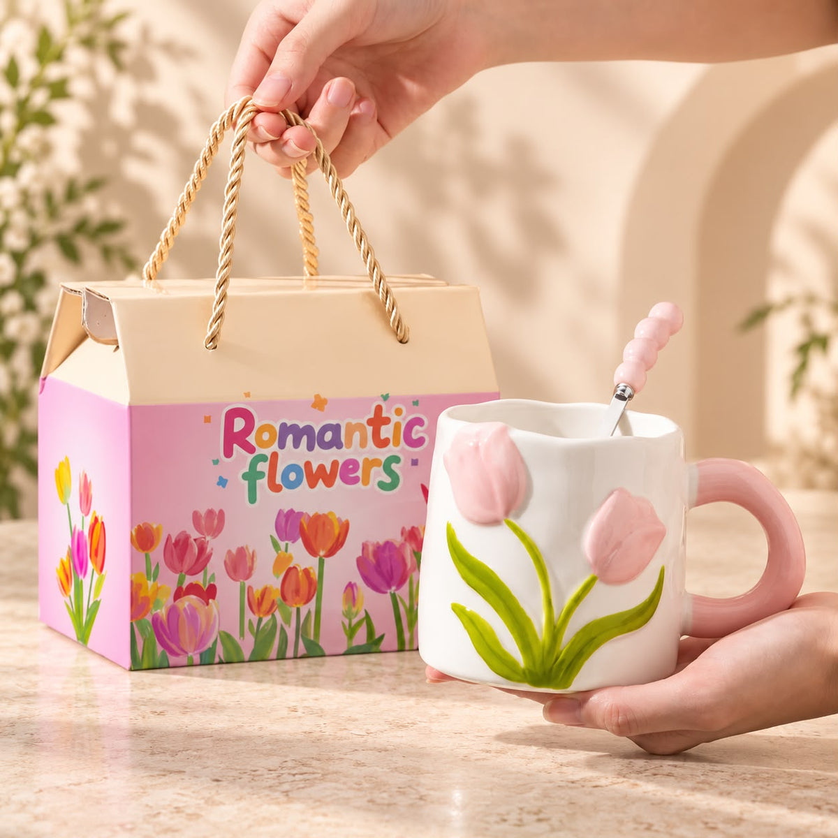🌷 Pink Tulip Mug & Spoon Gift Set