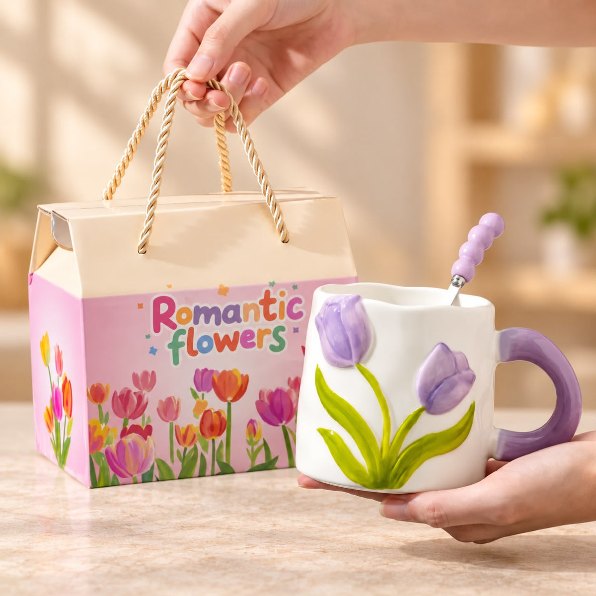💜 Purple Tulip Mug & Spoon Gift Set
