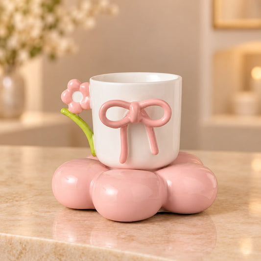 🎀 Pink Bow & Flower Cup with Bubble Saucer
