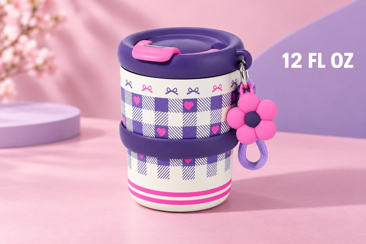 💜 Purple & Pink Checkered Travel Tumbler – 12 oz