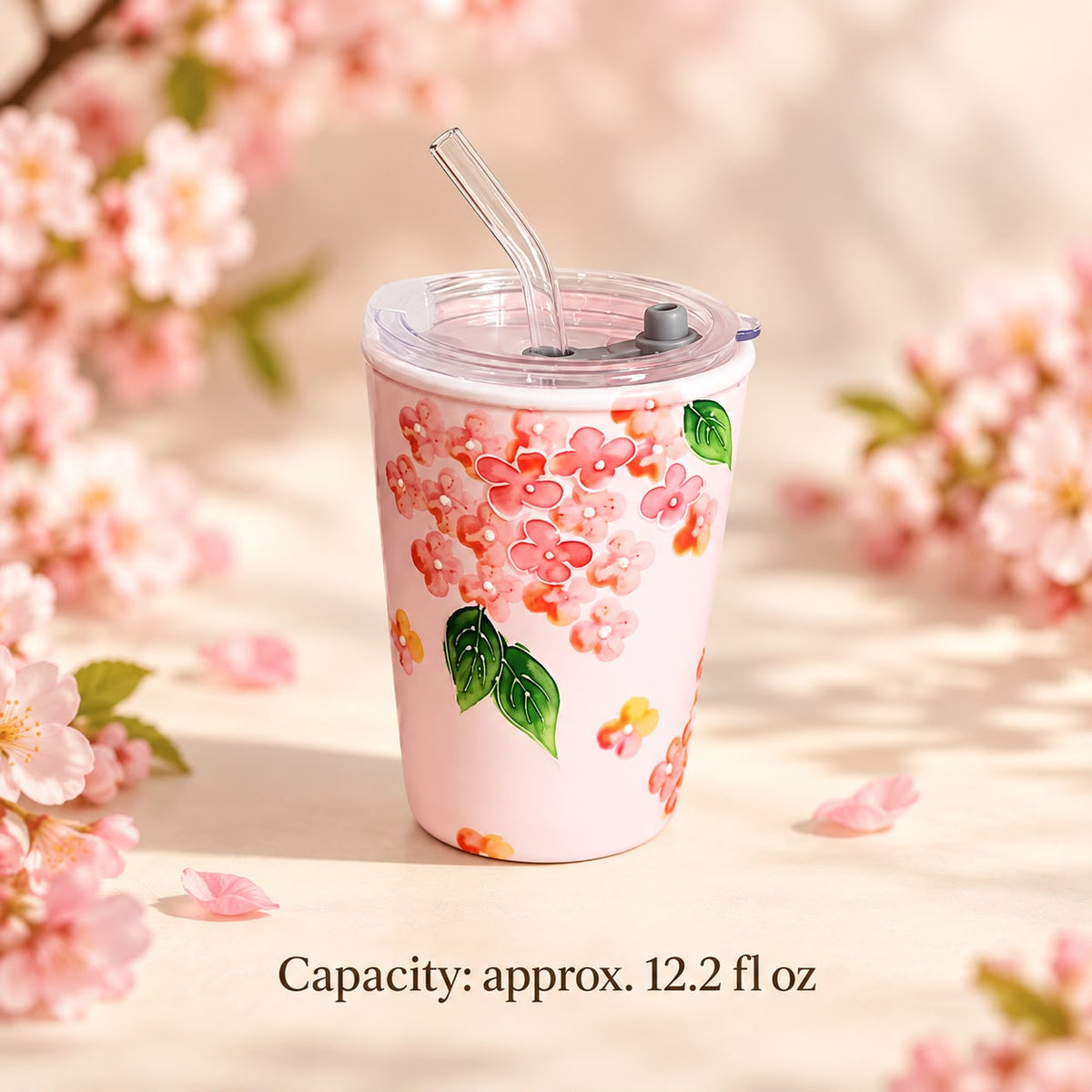 🌸 Pink Blossom Floral Tumbler with Glass Straw – 12.2 oz