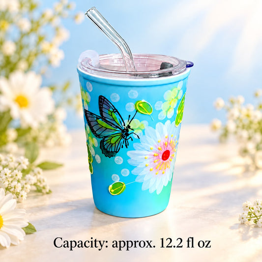 🦋 Blue Butterfly & Daisy Tumbler with Glass Straw