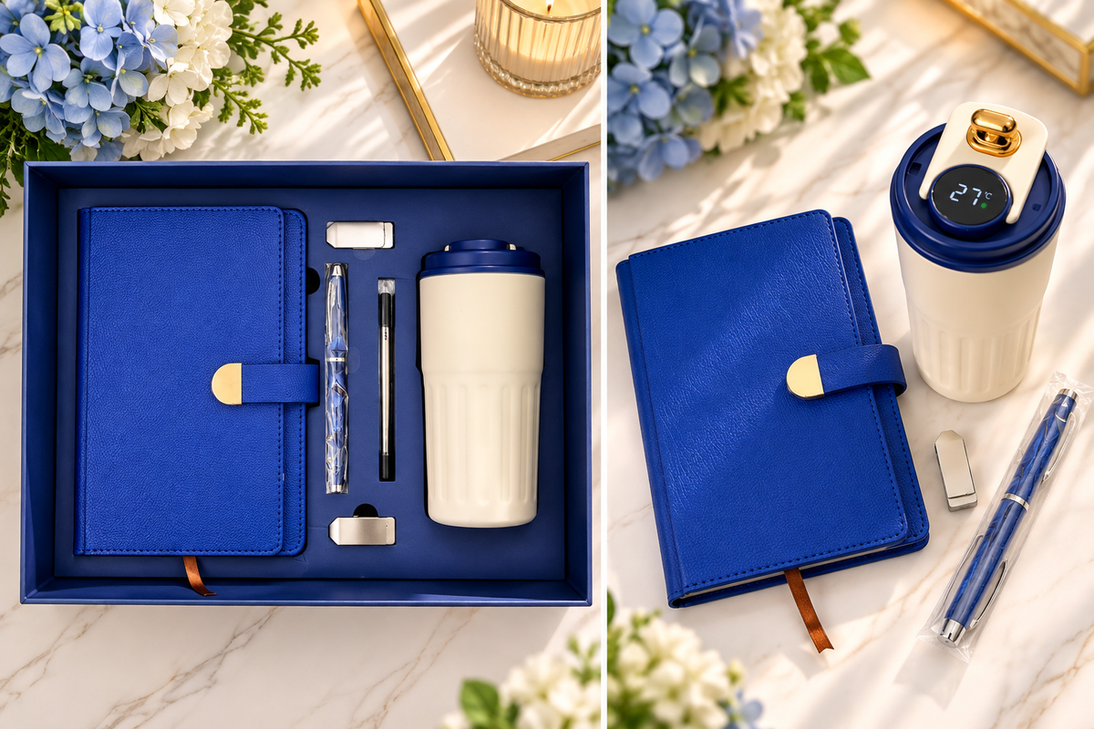 Personalized Business Gift Set – Custom Engraved Notebook, Temperature Display Tumbler & Pen