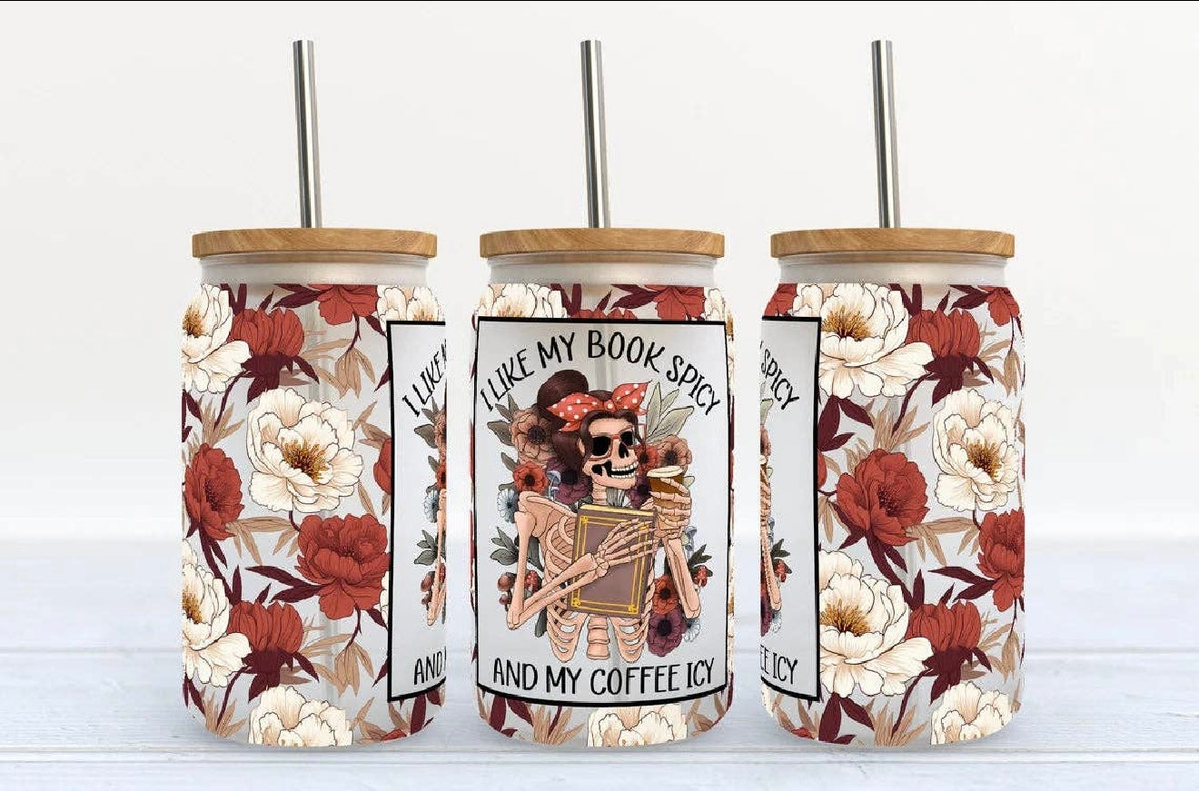 I Like My Books Spicy & My Coffee Icy Glass Can Cup | Bookish Skeleton Iced Coffee Glass with Bamboo Lid & Straw