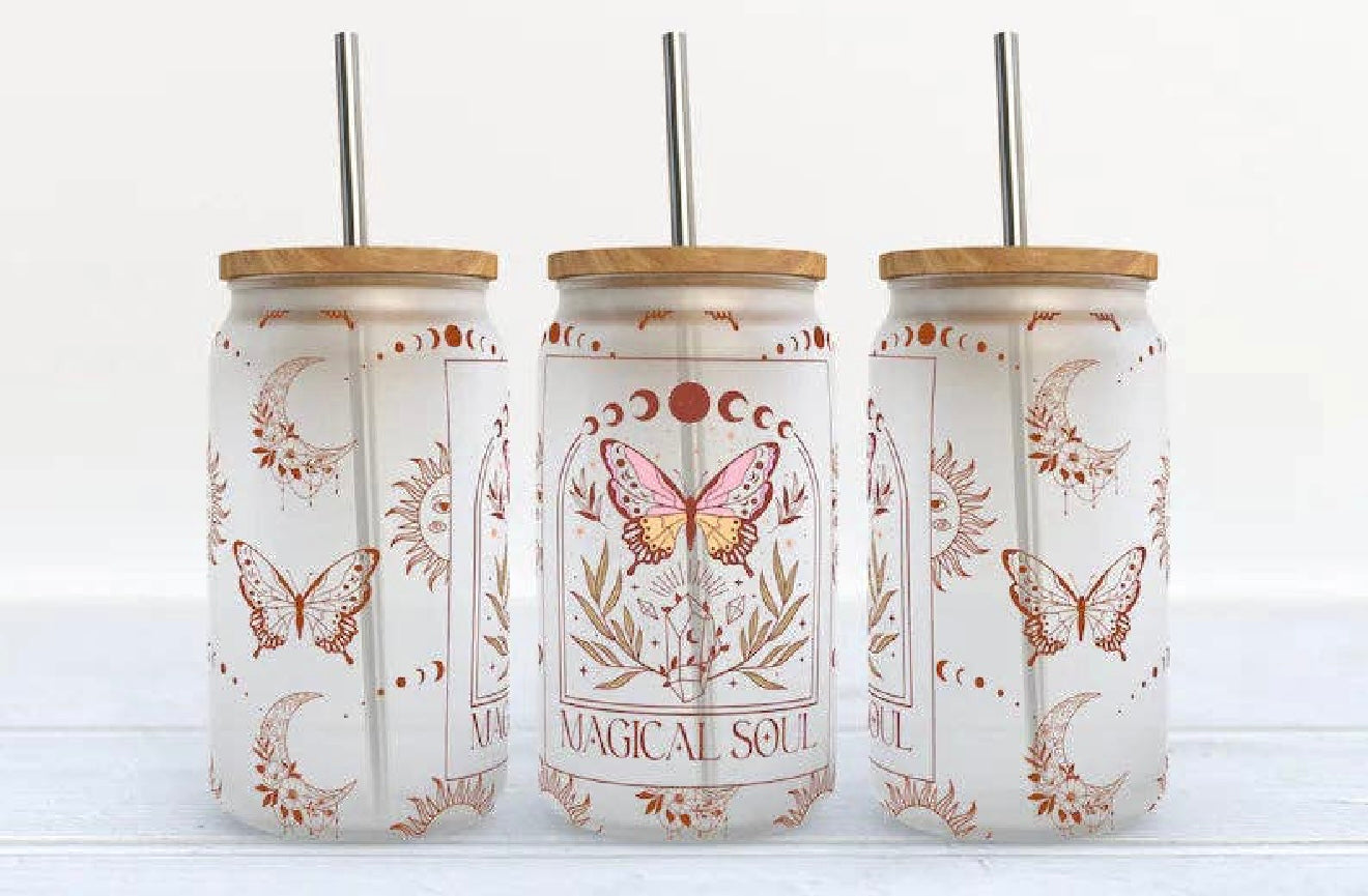 Magical Soul Butterfly Glass Can Cup | Aesthetic Iced Coffee Glass with Bamboo Lid & Straw