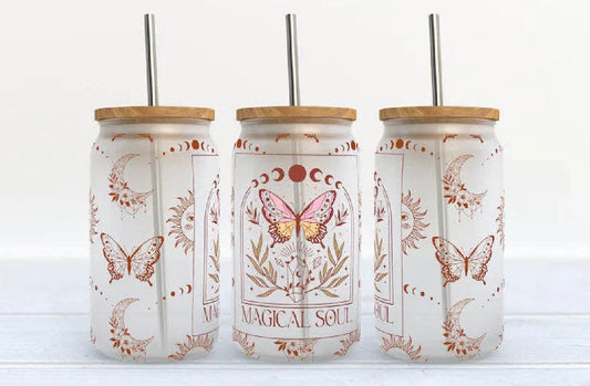 Magical Soul Butterfly Glass Can Cup | Aesthetic Iced Coffee Glass with Bamboo Lid & Straw